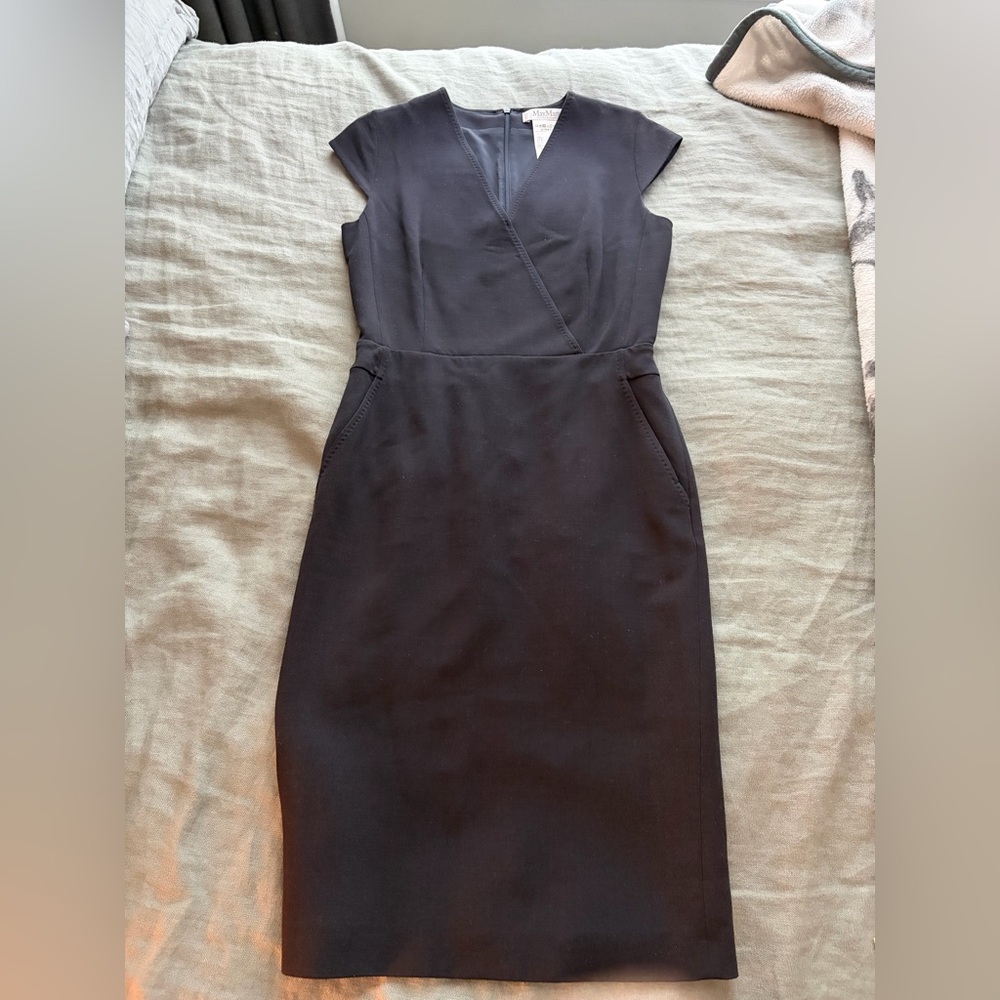 MaxMara Black Cap-Sleeve Faux-Wrap Midi Sheath Dress